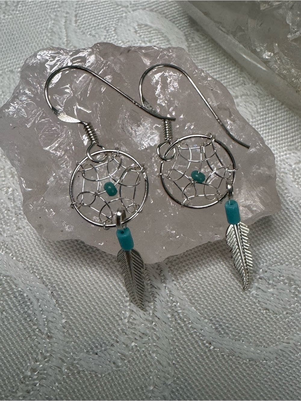 Navajo Turquoise Sterling Silver Handmade Dreamcatcher Feather Dangle Earrings